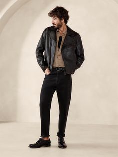 A timeless take on the iconic moto jacket, we kept all the details of the classic—an off-set zip closure, grommets under the arms, zippered cuffs and pockets—adding a Western-style yoke and a ruched accent at the back waist for rugged flair.  For a true-to-the-original finish, our designers selected a beautifully burnished leather and an oversized fit.  Warmer: Lightly lined for easy layering.  Relaxed fit.  Point collar with off-set zip closure.  Three exterior zip pockets.  Single interior pocket.  Fully lined.  Relaxed fit.  Long sleeves.  Hip length.  Model: Size M, 6'2" (188cm). Plus Size Men Leather Jacket, Metalhead Fashion, Rock Style Men, Leather Jacket Outfit Men, Short Leather Jacket, Fits Streetwear, Lesbian Fashion, New York Outfits, Leather Jacket Style