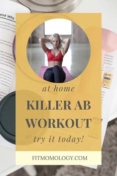 a woman with her arms behind her head and the words at home killer ab workout try it