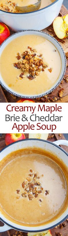 two bowls filled with creamy maple brie and apple soup