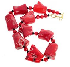 Gorgeous polished chunks of natural red Bamboo Coral enhanced with polished natural red coral and sparkling real natural little black Spinels gemstones set in an 18 inch long necklace with gold tone hook clasp. This very dramatic on a sweater ! Bamboo Necklace, Red Bamboo, Red Coral Earrings, Red Coral Necklace, Bamboo Coral, Artisan Bracelets, Stone Beaded Necklace, Coral Earrings, Coral Jewelry