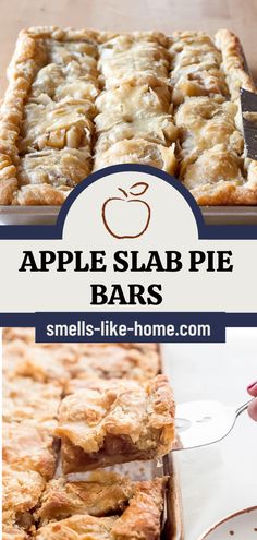 an apple slab pie bars is shown with the title above it, and below it