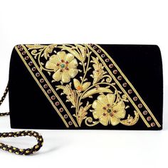 Black and Gold Clutch with Garnets Metallic Flowers, Gold Clutch Bag, Embellished Purses, Formal Clutch, Evening Fashion, Embroidered Handbag, Velvet Clutch, Floral Clutches, Gold Clutch