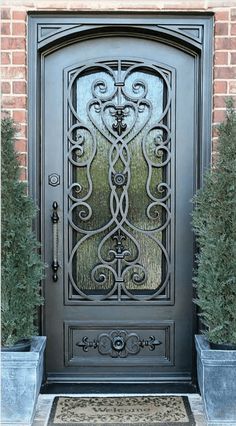 an ornate iron door with potted plants on either side and brick wall in the background