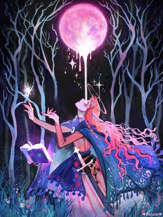 a painting of a girl with long hair holding a pink moon above her head in the woods