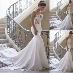 a woman in a wedding dress standing next to some stairs