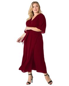 Plus Size Aubrey Kimono Wrap Maxi Dress | Blue Spring Party Dresses, Plus Size Ball Gown, Dresses Materials, Transitional Fashion, Red Kimono, Full Maxi Skirt, Kimono Wrap, Wrap Maxi Dress, Kimono Sleeves