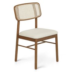 an upholstered wooden chair with white fabric seat padding and backrests