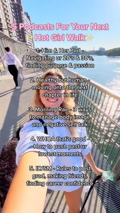 a woman standing on top of a bridge next to the ocean with text overlay