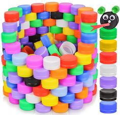 a pile of colorful plastic caps with a cartoon mouse sticking out of the top