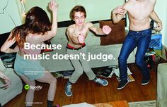 three people dancing in a living room with the caption because music doesn't judge