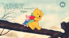 winnie the pooh and piglet sitting on a fence with snow in the background