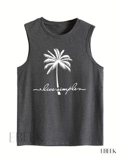 Ebeek - Stylish Coco Palm Print Tank Top: Fashionable Sleeveless Summer Top with Crew Neck, Ideal for Womens Fashionable Wardrobe Summer Sleeveless Vest With Letter Print, Trendy Summer Vest With Letter Print, Sleeveless Summer Vest With Letter Print, Beach Sleeveless Tank Top With Letter Print, Sleeveless Letter Print Tank Top For Beach, Beach Letter Print Tank Top, Summer Sleeveless Tops With Letter Print, Trendy Sleeveless Tank Top For Beach Season, Sleeveless Beach Tops With Letter Print