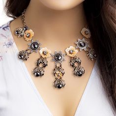 Badgley Mischka Vintage Floral Statement Necklace Floral Casted 2 Tone Necklace. 18” Length Gold/Hematite Clasp Imported Couture Necklace, Clear Crystal Necklace, Floral Statement Necklace, Double Chain Necklace, Layered Choker Necklace, Layered Chokers, Costume Necklaces, Gold Statement Necklace, Cluster Necklace