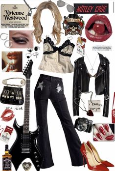 Rockstar Aesthetic Moodboard, Women Of Rock Aesthetic, 80 Rockstar Outfit, Rock N Roll Outfit Ideas, 80s Rock Women Outfits, Rock N Roll Clothes, Rocker Chic Style Glam Rock Outfit, Garage Rock Outfit, 90s Biker Aesthetic