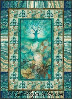 a painting with trees and water in the background, on a blue wall hanging from a wooden