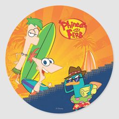 a cartoon character is holding a surfboard on the beach with another character in the background