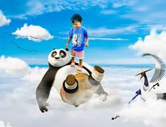 a boy standing on top of a giant panda in the sky with other animals around him