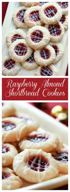 raspberry almond shortbread cookies on a white platter with the words, raspberry almond shortbread cookies