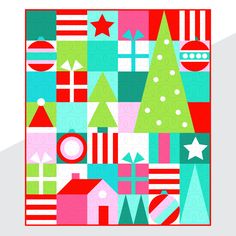 a colorful christmas card with trees and presents