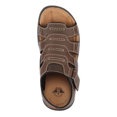 These sporty Dockers sandals are sure to be your new favorite weekend companions. Made with a more relaxed fit and memory foam insoles, they create a new level of personalized comfort. The distressed, man-made uppers and velcro straps give off truly laid-back casual vibes, while the durable rubber outsole means you can take on any terrain. Perfect for warm weather, weekends, and your favorite shorts - add these sandals to any day to reach ultimate relaxation. Size Tip: Size down a 1/2 size from Cushioned Slip-on Sport Sandals, Brown Slip-on Sport Sandals With Arch Support, Comfortable Brown Slip-on Sport Sandals, Brown Casual Sport Sandals With Arch Support, Casual Brown Sport Sandals With Arch Support, Comfortable Sport Sandals With Round Toe, Sporty Brown Sandals With Cushioned Footbed, Comfortable Sandals With Rubber Sole, Casual Outdoor Slides With Ortholite Insole