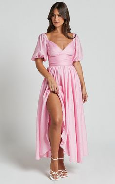 Dorothea Midi Dress - V Neck Puff Sleeve Ruched Bust in Pink | Showpo USA Cheap Spring Midi Dress With Puff Sleeves, Cheap Printed Pink Midi Dress, Cheap Summer Midi Dress With Puff Sleeves, Cheap Pink Dress With Ruffle Sleeves, Pink Dress With Tumpet Sleeves, White Dress With Pink Shoe, Rose Pink Dress With Sleeves, Cheap Pink Half Sleeve Dress, Cheap Pink Dress For Vacation