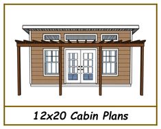 the front view of a small cabin plan with two doors and windows on each side