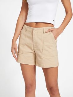 Lana Chino Shorts | GUESS Factory Casual Bottoms With Built-in Shorts For Weekend, Spring Bottoms With Side Pockets For Everyday, Trendy Mid-rise Cotton Bermuda Shorts, Spring Mid-rise Jean Shorts With Patch Pockets, High Rise Shorts With Patch Pockets For Spring, Fall Shorts With Side Pockets, Spring Bottoms With Patch Pockets For Everyday, Mid-rise Relaxed Fit Shorts With Patch Pockets, Relaxed Fit Mid-rise Shorts With Patch Pockets