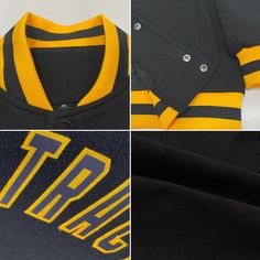 Features: 1. Full-snap front 2. Material: 100% Poly wool 3. Stitched team or player name and numbers 4. Stand-up collar & Fabric lining 5. Two front pockets & Two interior slip pocket 6. Rib-knit collar, cuffs and waistband 7. Midweight jacket suitable for moderate temperatures 8. Machine wash, tumble dry low (natural air drying recommended) 9. Imported 10. Non-alcoholic Available For Wiping or Washing Black Long Sleeve Outerwear For Game Day, Casual Black Outerwear For Game Day, Black Varsity Jacket For Game Day In Winter, Black Varsity Jacket For Game Day In Fall, Black Winter Varsity Jacket For Game Day, Black Casual Varsity Jacket For Game Day, Casual Black Varsity Jacket For Game Day, Varsity Jacket With Button Closure For College, Black Team Spirit Outerwear For College