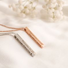 Inspire faith and devotion with this beautiful Bible Verse Necklace. The custom vertical bar pendant is inscribed with scripture, making it a perfect Christian necklace and jewelry piece to be passed down from generation to generation. With its classic design and meaningful message, this is the perfect way to keep your faith close to your heart.18K Gold Plated, 18K Rose Gold Plated--------------------------Details:• High polished stainless steel, silver, gold and rose gold.• Thick bar measures 4 Personalized Bar Necklace, Bible Verse Necklace, Necklace Christian, Custom Initial Necklace, Christian Necklace, Bar Necklace Personalized, Engraved Pendant, Vertical Bar, Minimal Necklace