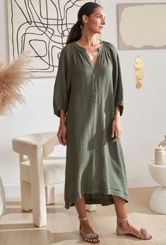 Cotton Maxi Dress For Fall Beach Outings, Cotton Maxi Dress For Fall Beach, Cotton Maxi Dress For Beach In Fall, Casual Cotton Maxi Dress Unlined, Daywear Relaxed Fit Tunic With Split Neck, Casual Unlined Cotton Maxi Dress, Relaxed Fit Split Neck Tunic For Daywear, Cotton Maxi Dress With Relaxed Fit, Unlined, Casual Cotton Maxi Dress With 3/4 Sleeves