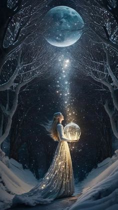 a woman holding a crystal ball in the middle of a snowy forest under a full moon