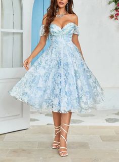 A-Line Blue Party Dress Off The Shoulder Printed Blue Tea-Length Cocktail Dress Tea Length Cocktail Dresses, Blue Tea, Blue Party Dress, Dress Homecoming, Blue Party, Midi Dress Party, Tea Length, Midi Dress Sleeveless, Homecoming Dress