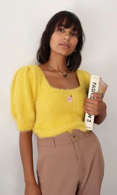 This playful fuzzy sweater knit features puff sleeves, a square neckline, and features an embroidered flower detail along the front.  Fuzzy super soft cozy knit Puff sleeves  Ribbed cuffs  Squared neckline  Has stretch Length: Tan Legs, Square Neck Top, Vintage Inspired Outfits, Tapered Trousers, Luxury Women Fashion, Fuzzy Sweater, Flower Detail, Embroidered Sweater, Cozy Knit