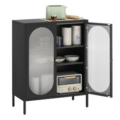 a black cabinet with glass doors and shelves