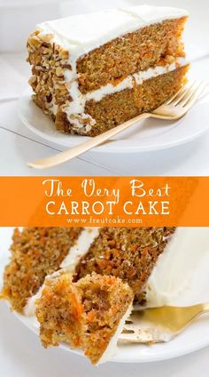 the very best carrot cake with cream cheese frosting on top is cut in half and ready to be eaten