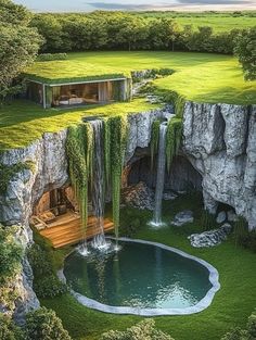 an artist's rendering of a waterfall house in the middle of a lush green field