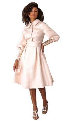 Chancele 9711 1 piece Collar Midi Dress Dress Length: 44 1/8” Colors: Peach Sizes: 8, 10, 12, 14, 16, 18, 20 Chic A-line Dress With Fitted Waist, Fitted A-line Long Sleeve Summer Dress, Spring Satin A-line Midi Dress, Chic A-line Vintage Dress For Casual Wear, Feminine Evening Tea Length Dress For Spring, Pink Midi Dress With Fitted Waist, Elegant Mid-length Dress With Fitted Bodice, Knee-length Cocktail Dress For Fall, Beige A-line Cocktail Dress