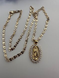 18' Long Chain with Pedant Gold Plated Quinceañera Jewelry, Virgin Necklace, Diamond Necklace Gold, Quinceanera Jewelry, Xoxo Jewelry, Dope Jewelry Accessories, Virgin Mary Necklace, Pretty Jewelry Necklaces, Mexican Jewelry