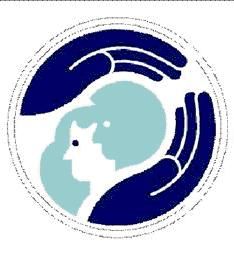 two hands holding a cat in the middle of a circle with blue and white background