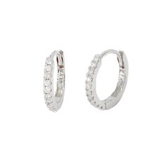 "This finely handcrafted huggie hoop dangle earring is composed of 14K solid gold and pavé set with genuine GVS1 quality round brilliant cut natural real Diamonds. This earring also features a secure hinged closure for the ease of taking them on and off. NOTE: This specific listing is for merchandise that we have available in stock & ready to ship. If you are interested in purchasing this item with more 14K gold color options & quantities kindly click the following link for your convenie Small Silver Hoop Earrings With Halo Design, White Gold Oval Huggie Earrings For Gift, Small Hoop Huggie Earrings With Halo Design For Anniversary, Small Hoop White Gold Earrings With Halo Design, Classic Small Hoop Huggie Earrings With Halo, Small Hoop Sterling Silver Earrings With Prong Setting, White Gold Small Hoop Huggie Earrings With Prong Setting, Anniversary Halo Huggie Earrings, White Gold Prong-set Huggie Earrings