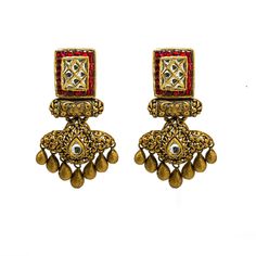 22K Yellow Gold Temple Necklace & Earring Set W/ Kundan & Rubies on Jewelled Double Drop Square Pendant for women. This absolutely stunning Temple earrings and necklace set features a square accent embellished with radiant Kundan and rubies. it also features a design of heavily detailed accents throughout its collar and double drop pendant. The necklace is 15 inches long with a width range of 2.5-11mm. Its pendant is 75 mm long and 55 mm wide. Each earring features a screw back posts for easy we 22k Gold Dual-tone Jewelry For Celebrations, Dual-tone 22k Gold Jewelry For Celebrations, Formal Jewelry Sets With Meenakari And Chandbali Shape, Formal Jewelry Sets Chandbali With Meenakari, Traditional Kundan Necklace With Matching Earrings, Gold Dual-tone Ceremonial Earrings, Gold Dual-tone Earrings For Ceremonial Occasions, Dual-tone Gold Plated Jewelry, Designer Gold Kundan Necklace