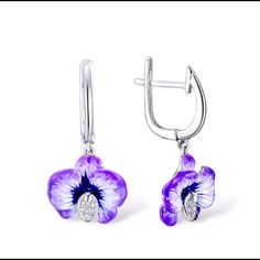 New (#6) Stimulated Diamonds 925 Sterling Silver Stamped Allergy Free Nickel Free Hypoallergenic Purple Flower Petal Sterling Silver Lab Diamonds Drops Earrings Elegant Enamel Pendant Dangle Earrings For Wedding Party Banquet Sterling Silver Flower Earrings Fine Jewelry, Elegant Purple Sterling Silver Flower Earrings, White Gold Sterling Silver Flower Earrings, Purple Flower Sterling Silver Earrings, Purple Flower-shaped Sterling Silver Earrings, Diamond Flower Earrings, Earrings For Wedding, Silver Lab, Earrings Elegant