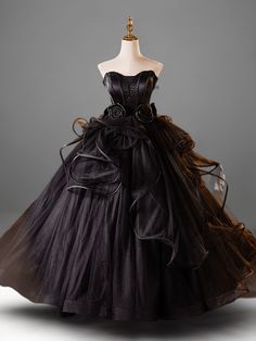 Gothic Black Tulle Ball Gown - Elegant Corset Back Wedding Dress with Floral Accents Plus Size Black Wedding Ball Gown With Boned Bodice, Black Evening Dress For Costume Party Or Prom, Black Evening Dress For Costume Parties And Prom, Black Evening Dress For Prom Season And Costume Party, Black Wedding Gown With Boned Bodice, Black Floor-length Corset Dress For Prom Season, Black Tulle Corset Dress For Wedding, Black Corset Dress For Wedding And Prom Season, Black Corset Back Dress For Prom Season