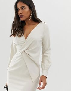 ASOS DESIGN | ASOS DESIGN origami twist midi pencil dress Puff Sleeve Blazer, Collar Stitching, Oversize Outfit, Summer Board, Burgundy Outfit, Midi Pencil Dress, Dream Dresses, All White Outfit, Tuxedo Dress