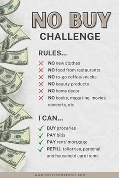 a poster with the words no buy challenge written on it and money falling from one dollar bill