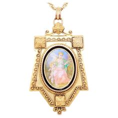 A fine antique revival style pendant. In 14 karat yellow gold. In the style of Eugene Fontenay. Center-set with an oval enamel plaque depicting Venus & Cupid in a garden setting. With twisted wirework & granulation decoration throughout. The pendant opens to reveal a compartment with a reserve for a photo or keepsake. Simply a wonderful antique locket! (Chain for display only and not included.) Date: 20th Century Overall Condition: It is in overall good, as-pictured, used estate condition. Condi Victorian Yellow Gold Medallion Locket Necklace, Victorian Style Yellow Gold Enamel Necklace, Medieval Collectible Pendant Jewelry, Victorian Ceremonial Enamel Jewelry, Victorian Yellow Gold Enamel Necklace, Victorian Pendant Necklace, Enamel Locket, Sa Pa, Vintage Pendant Necklace