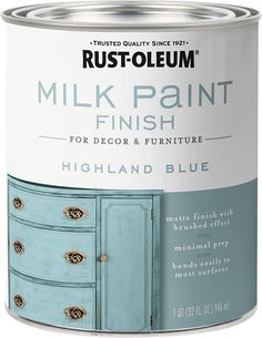 a can of milk paint with blue drawers