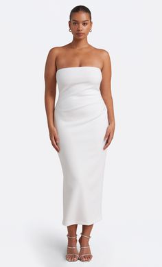 MOON DANCE STRAPLESS DRESS - IVORY – BEC + BRIDGE US Fitted Bandeau Maxi Dress For Gala, Chic White Strapless Slip Dress, White Bandeau Strapless Dress For Evening, White Party Maxi Dress With Straight Neckline, White Maxi Dress For Party With Straight Neckline, White Maxi Dress With Straight Neckline For Formal Occasions, Wedding Maxi Dress With Flattering Silhouette, White Bias Cut Midi Dress, Bias Cut Maxi Dress With Straight Neckline