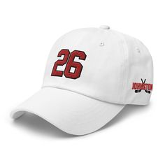 Wear this custom player hat to show your love for your favorite player.   Customized with color, number, name.  This dad hat is unstructured with a soft feel, has a low profile with an adjustable strap and curved visor. * Unstructured, 6-panel, low-profile * 6 embroidered eyelets * Adjustable strap with antique buckle * 100% chino cotton twill This product is made especially for you as soon as you place an order, which is why it takes us a bit longer to deliver it to you. Making products on dema White Snapback Visor Hat With Letter Print, White Letter Print Snapback Visor Hat, White Letter Print Visor Snapback Hat, White Trucker Hat With Embroidered Logo For Sports Events, White Snapback Hat With Letter Print For Sports, White Sports Fan Hat With Letter Print, White Sports Hat With Embroidered Logo, White Letter Print Dad Hat For Baseball Season, Curved Brim Baseball Cap For Golf During Baseball Season