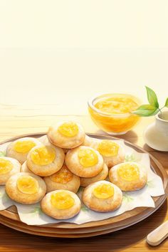 there are some biscuits on the plate with orange juice in the bowl behind it and two cups next to them